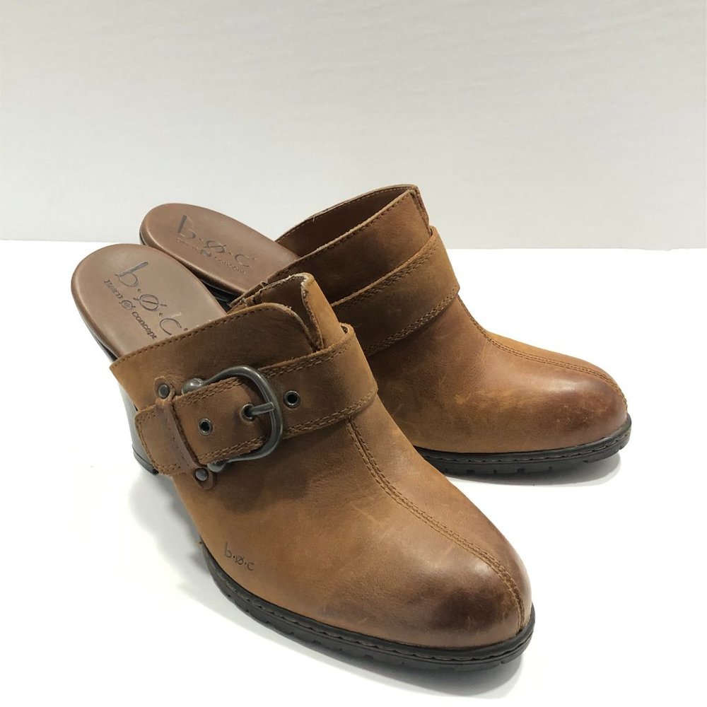 BOC Born Brown leather Buckle Accent High Heel Boot Shape Mules Womans sz 10